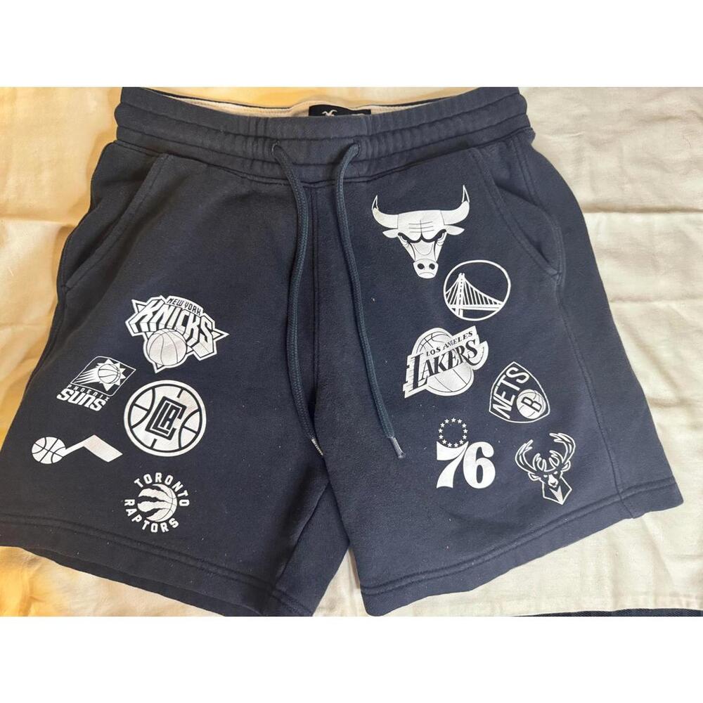 Hollister NBA Sweat Shorts Mens XS Black Multi Team Logo Fleece Drawstring